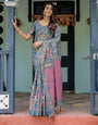 Dusty Blue Handloom Cotton Saree with Floral Print & Pink Cow Lotus Motif Pallu