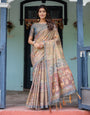 Rust Beige Handloom Cotton Saree with Royal Animal Caravan & Scenic Village Pallu