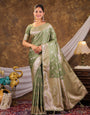 Sage Green Kanjivaram Banarasi Satin Silk Saree with Silver Zari Weaving, Designer Woven Pallu & Tassel Detailing