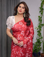 Red Satin Georgette Floral Printed Saree with Attached Blouse ā Elegant Soft-Flow Designer Saree for Parties & Festive Wear
