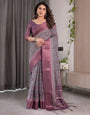 Dusty Purple Handloom Linen Printed Saree with Zari Border, Geometric Floral Motifs & Tasselled Pallu | Attached Blouse Piece | 5.5m Saree + 0.8m Blouse