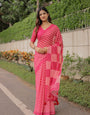Rani Pink Mul Cotton Checkered Saree for Women with Statement Pallu & Tassels | Soft Breathable Office & Daily Wear, Comes With Attached Blouse Piece
