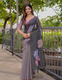 Charcoal Grey Mul Cotton Saree for Women with Floral Print & Checkered Design Pallu | Soft Breathable Office & Daily Wear, Comes With Attached Blouse Piece