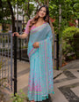 Sky Blue Mul Cotton Floral Saree for Women with Pink Checkered Print & Multicolor Border | Soft Office & Daily Wear Saree, Comes With Attached Blouse Piece