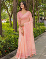 Peach Mul Cotton Saree for Women with Floral Printed Border & Tassels | Soft Breathable Daily, Office & Casual Wear Saree, Comes With Attached Blouse Piece