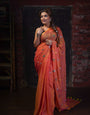 Title: Rust Orange Mul Cotton Saree with Multicolour Floral Motifs & Elegant Woven Border