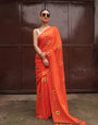 Vibrant Orange Mul Cotton Saree with Sunflower Floral Embroidery & Tasselled Pallu, Comes With Attached Blouse Piece