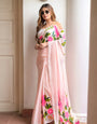 Blush Pink Mul Cotton Saree with Statement Floral Print & Tasselled Pallu, Comes With Attached Blouse Piece