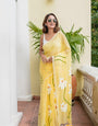 Sunshine Yellow Mul Cotton Saree with Daisy Floral Design & Tasselled Pallu, Comes With Attached Blouse Piece