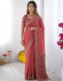 Coral Red Modal Silk Saree with Traditional Floral Butti Prints, Heritage Border & Elegant Ethnic Designer Pallu