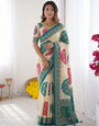 Ivory White & Turquoise Blue Pure Modal Silk Saree with Multicolor Mandala Print & Heritage Designer Pallu