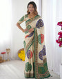 Ivory White & Emerald Green Pure Modal Silk Saree with Multicolor Mandala Print & Heritage Designer Pallu