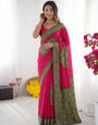 Rani Pink & Olive Green Bandhani Inspired Modal Silk Saree with Traditional Folk Print Pallu & Stone Embellishments