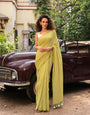 Lime Green & White Gingham Check Mul Cotton Saree with Tasselled Pallu, Comes With Attached Blouse Piece