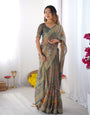 Teal Green Handloom Cotton Saree with Floral Print and Royal Elephant Pallu