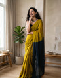 Mustard Yellow Mul Cotton Saree with Midnight Blue Contrast Pallu, Tassels & Matching Blouse
