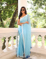 Sky Blue & White Checkered Mul Cotton Saree with Striped Border & Tasselled Pallu