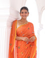 Rust Orange Mul Cotton Saree with Multicolour Floral Motifs & Elegant Woven Border, Comes With Attached Blouse Piece