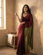 Wine Maroon Mul Cotton Saree with Olive Green Contrast Pallu, Tassels & Matching Blouse