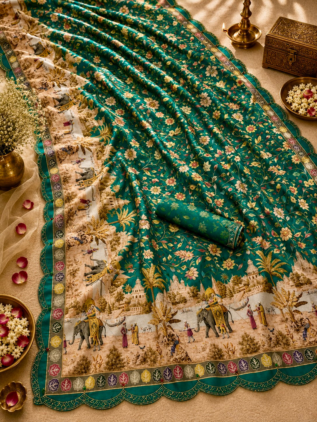 Emerald Green Modal Silk Saree with Floral Print, Royal Elephant Heritage Pallu & Scalloped Embellished Border