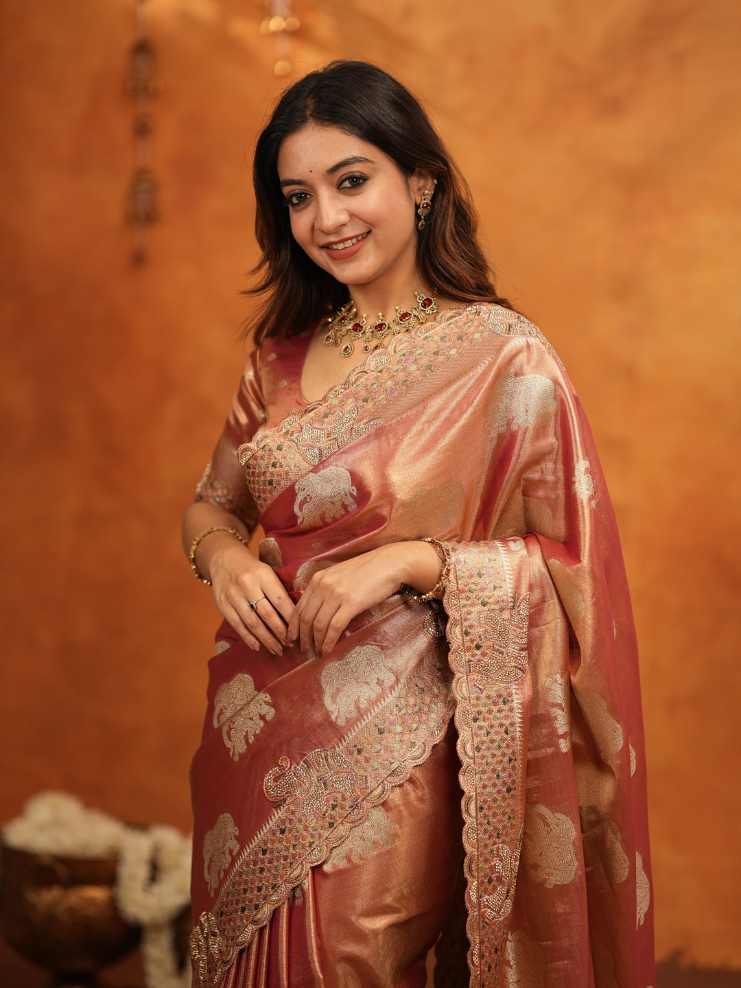 Peach Pink Tissue Silk Embroidered Saree with Zari Motifs & Designer Border | Heavy Embroidered Blouse with Tassels | Wedding & Festive Wear Saree