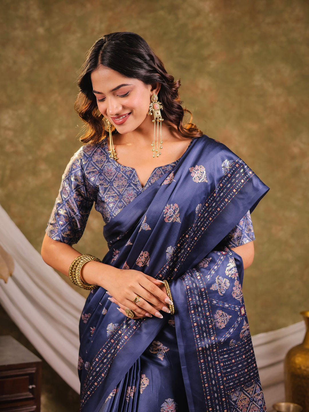 Navy Blue Pure Chinnon Ajrakh Printed Saree with Tassel Edges, Traditional Ethnic Print & Matching Blouse Piece