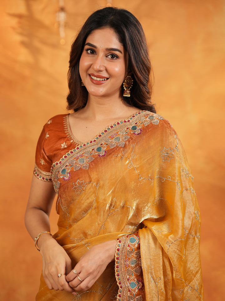 Mustard Gold Fendy Satin Embroidered Saree with Multicolor Floral Border & Tassels | Designer Festive Party Wear Saree with Heavy Embroidered Blouse