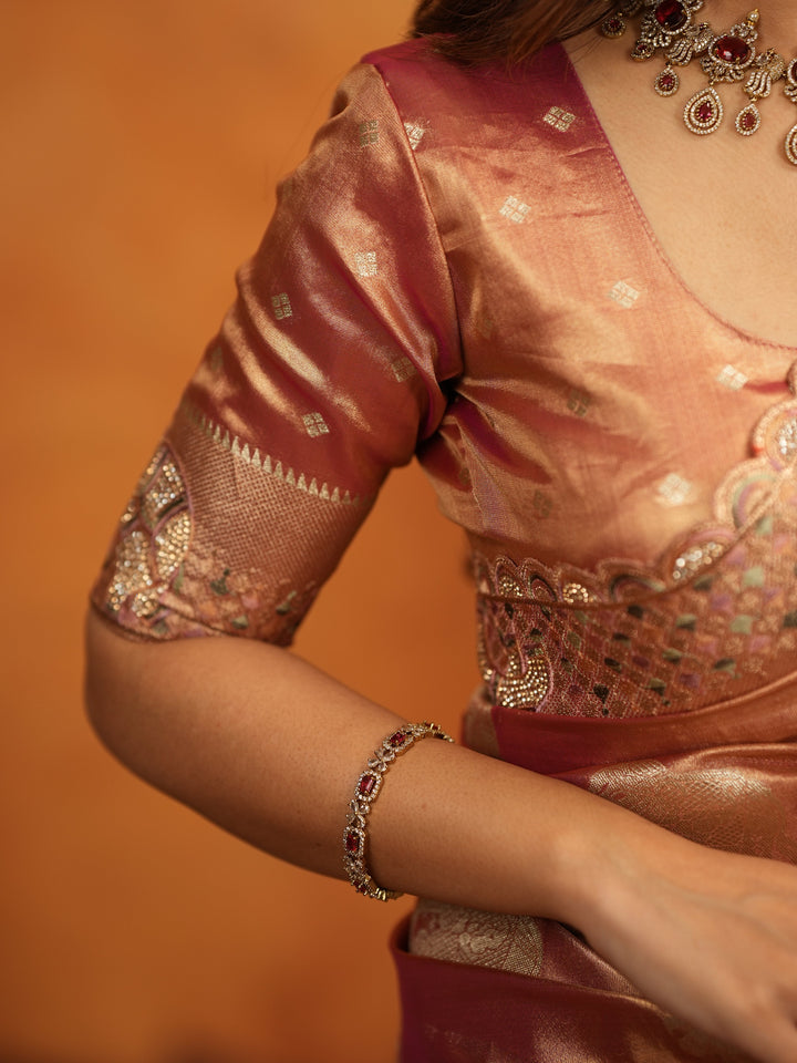 Peach Pink Tissue Silk Embroidered Saree with Zari Motifs & Designer Border | Heavy Embroidered Blouse with Tassels | Wedding & Festive Wear Saree