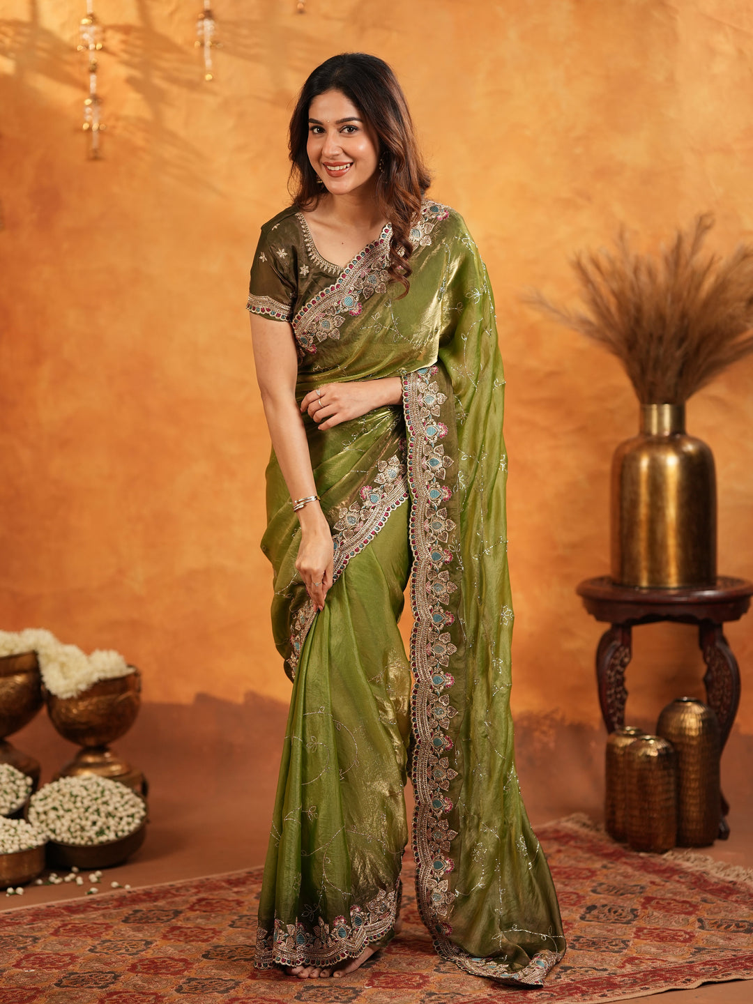 Olive Green Fendy Satin Embroidered Saree with Multicolor Floral Border & Tassels | Designer Festive Wear Saree with Heavy Embroidered Blouse