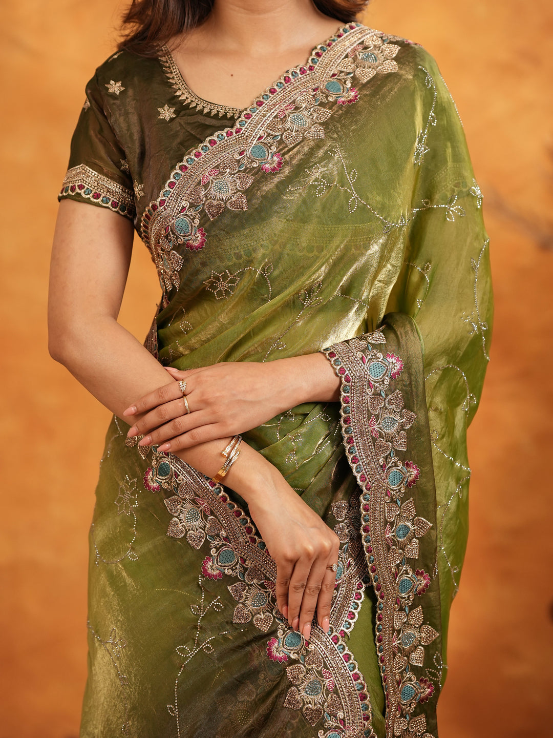 Olive Green Fendy Satin Embroidered Saree with Multicolor Floral Border & Tassels | Designer Festive Wear Saree with Heavy Embroidered Blouse