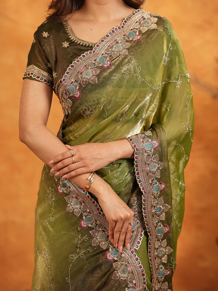 Olive Green Fendy Satin Embroidered Saree with Multicolor Floral Border & Tassels | Designer Festive Wear Saree with Heavy Embroidered Blouse