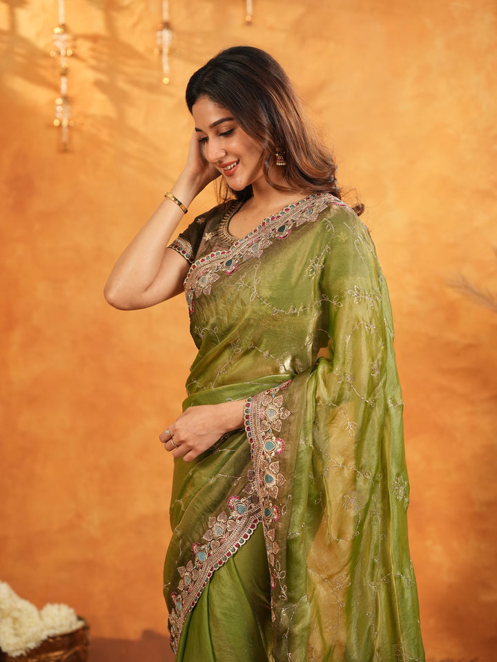 Olive Green Fendy Satin Embroidered Saree with Multicolor Floral Border & Tassels | Designer Festive Wear Saree with Heavy Embroidered Blouse