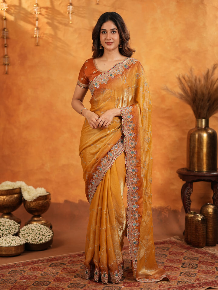Mustard Gold Fendy Satin Embroidered Saree with Multicolor Floral Border & Tassels | Designer Festive Party Wear Saree with Heavy Embroidered Blouse