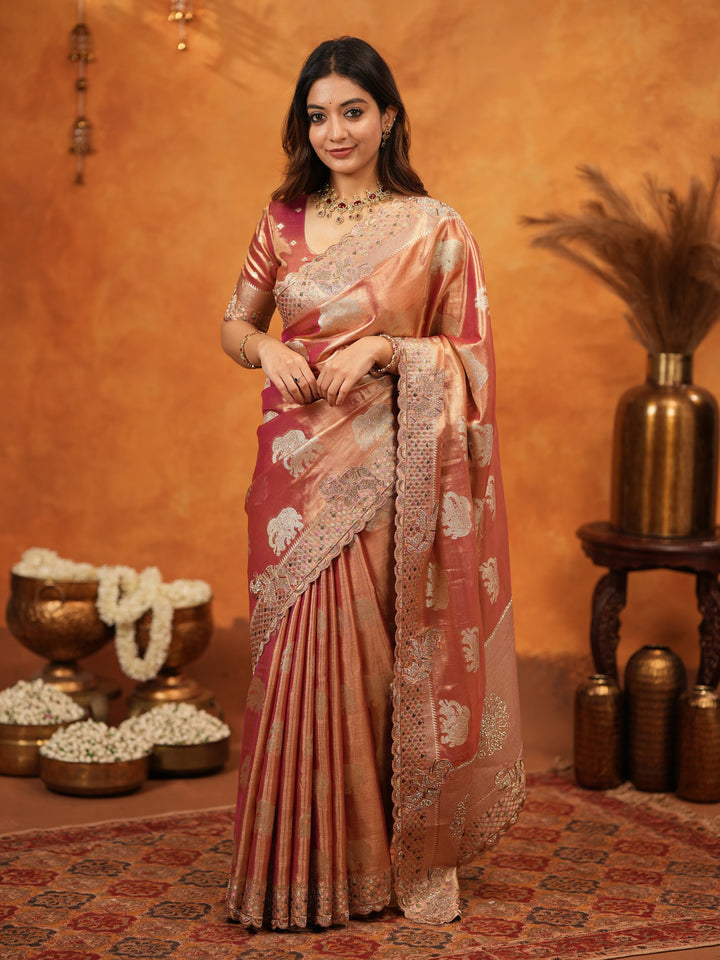 Peach Pink Tissue Silk Embroidered Saree with Zari Motifs & Designer Border | Heavy Embroidered Blouse with Tassels | Wedding & Festive Wear Saree