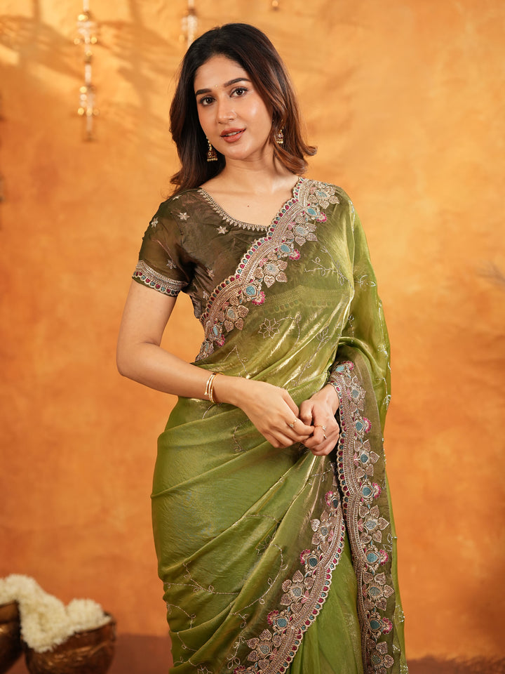 Olive Green Fendy Satin Embroidered Saree with Multicolor Floral Border & Tassels | Designer Festive Wear Saree with Heavy Embroidered Blouse