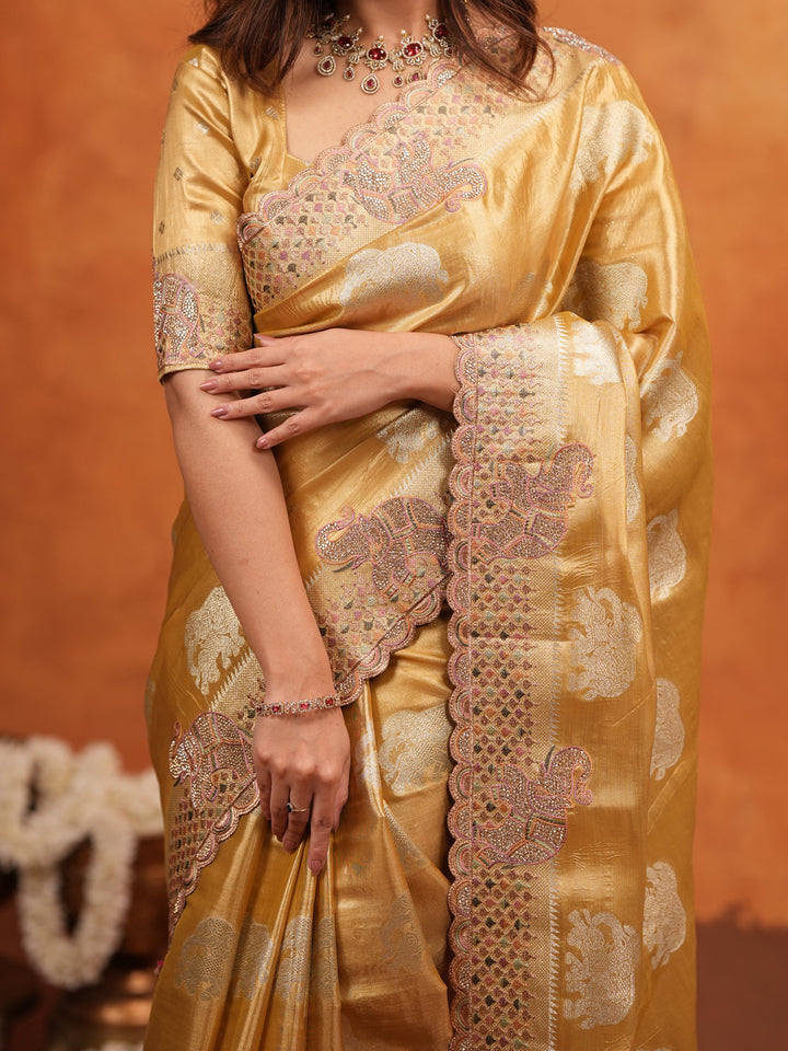 Golden Tissue Silk Embroidered Saree with Rich Zari Motifs & Designer Border | Heavy Embroidered Blouse with Tassels | Wedding & Festive Wear Saree