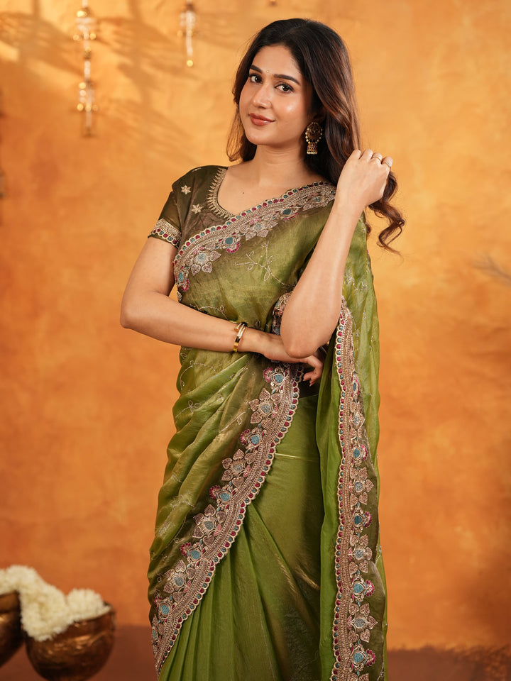 Olive Green Fendy Satin Embroidered Saree with Multicolor Floral Border & Tassels | Designer Festive Wear Saree with Heavy Embroidered Blouse