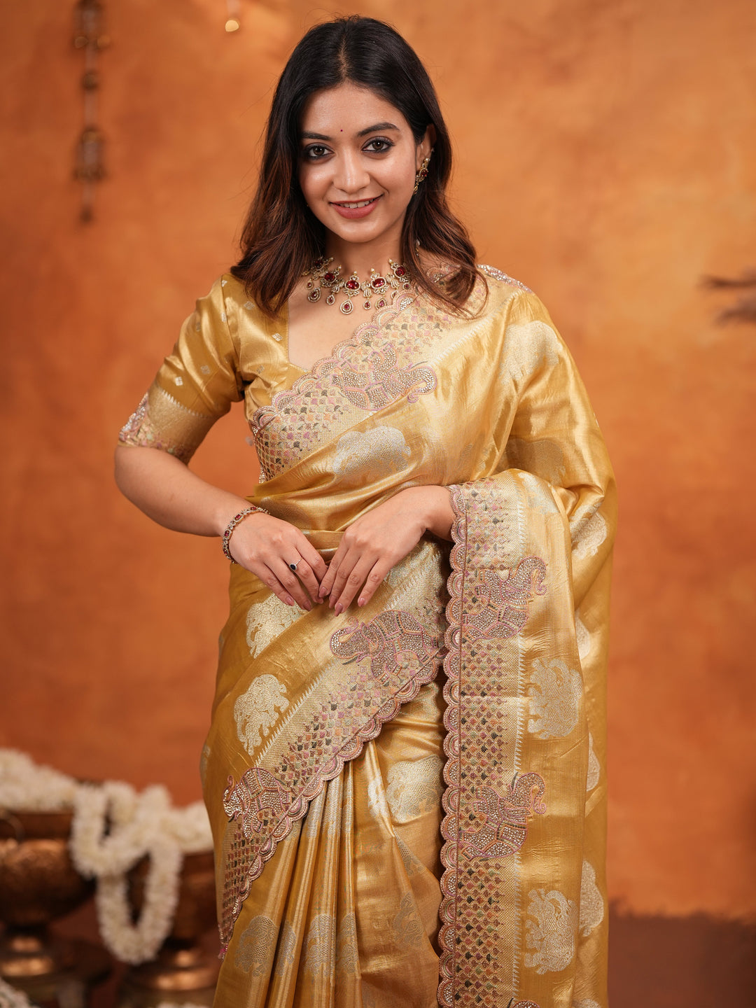 Golden Tissue Silk Embroidered Saree with Rich Zari Motifs & Designer Border | Heavy Embroidered Blouse with Tassels | Wedding & Festive Wear Saree