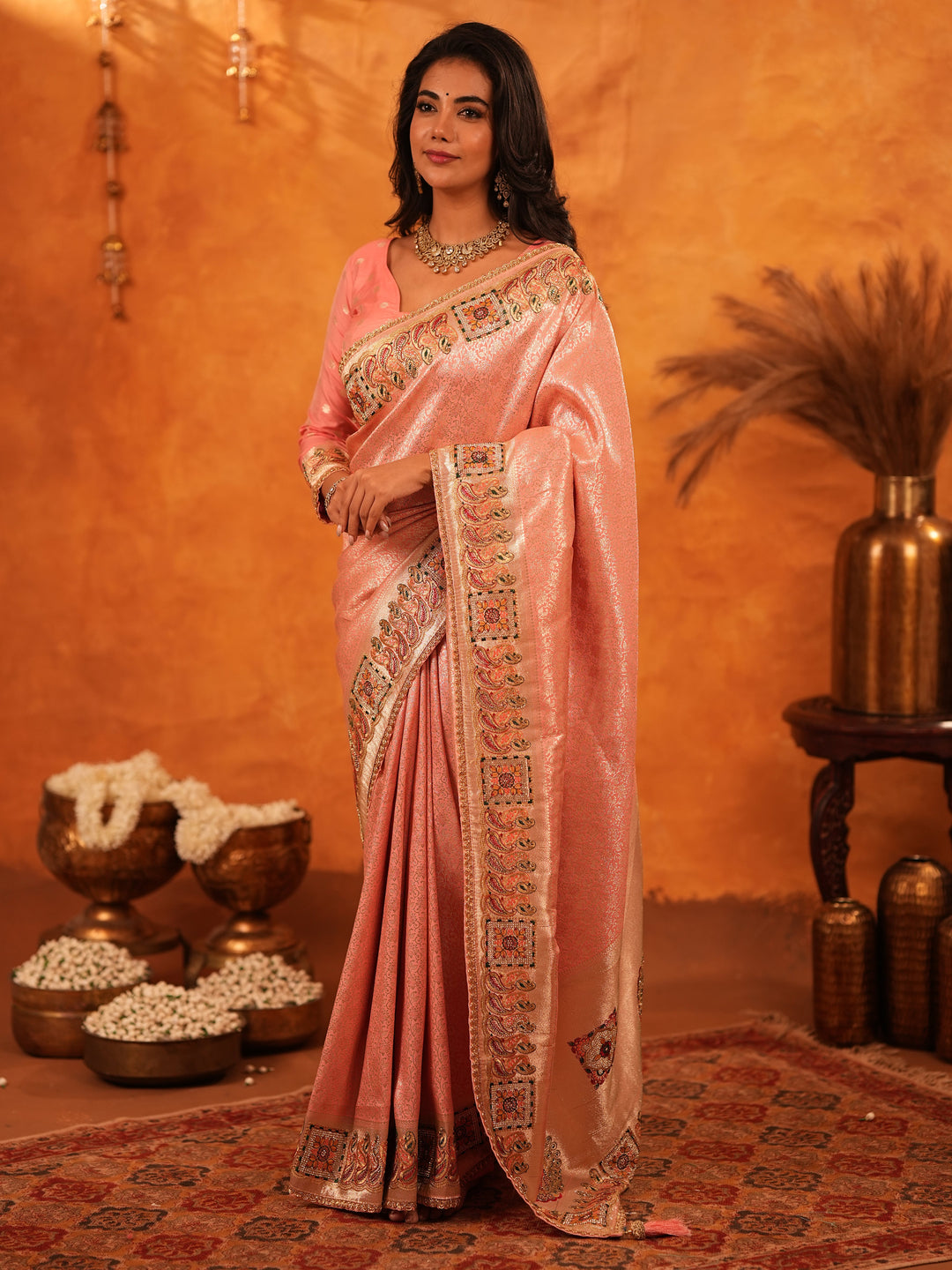 Peach Pink Banarasi Silk Saree with All-Over Zari Weaving & Rich Embroidered Border | Designer Festive & Wedding Wear Saree with Blouse