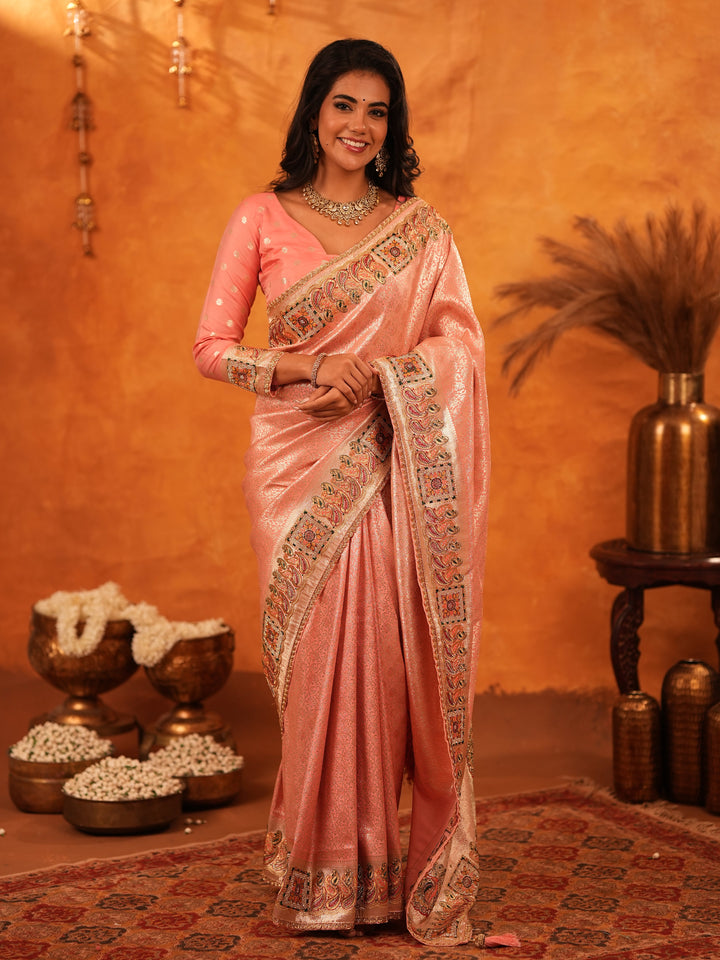 Peach Pink Banarasi Silk Saree with All-Over Zari Weaving & Rich Embroidered Border | Designer Festive & Wedding Wear Saree with Blouse
