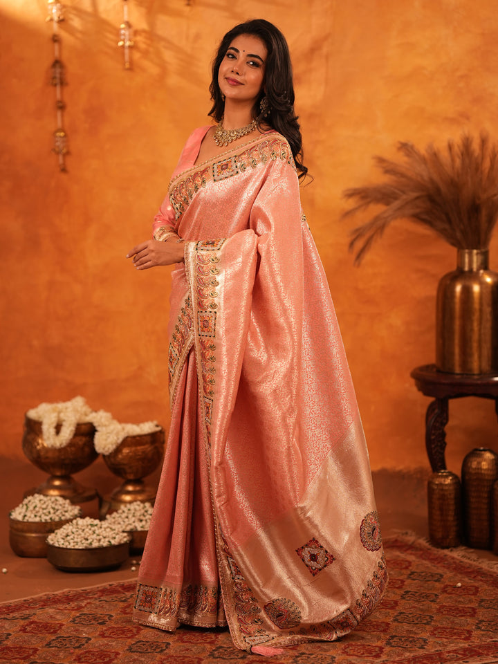 Peach Pink Banarasi Silk Saree with All-Over Zari Weaving & Rich Embroidered Border | Designer Festive & Wedding Wear Saree with Blouse