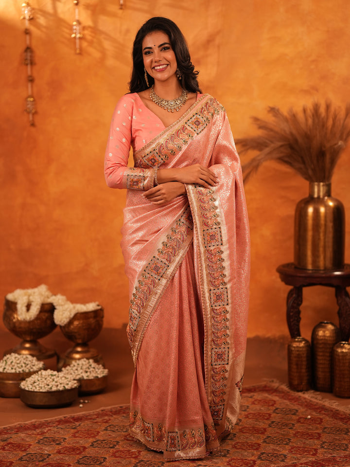 Peach Pink Banarasi Silk Saree with All-Over Zari Weaving & Rich Embroidered Border | Designer Festive & Wedding Wear Saree with Blouse