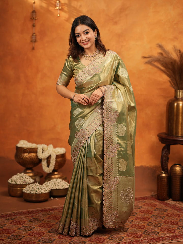 Olive Green Tissue Silk Embroidered Saree with Zari Motifs & Designer Border | Heavy Embroidered Blouse with Tassels | Wedding & Festive Wear Saree