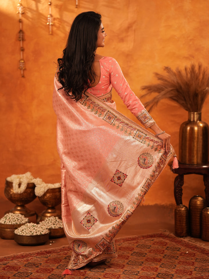 Peach Pink Banarasi Silk Saree with All-Over Zari Weaving & Rich Embroidered Border | Designer Festive & Wedding Wear Saree with Blouse