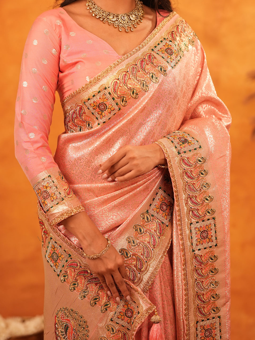 Peach Pink Banarasi Silk Saree with All-Over Zari Weaving & Rich Embroidered Border | Designer Festive & Wedding Wear Saree with Blouse