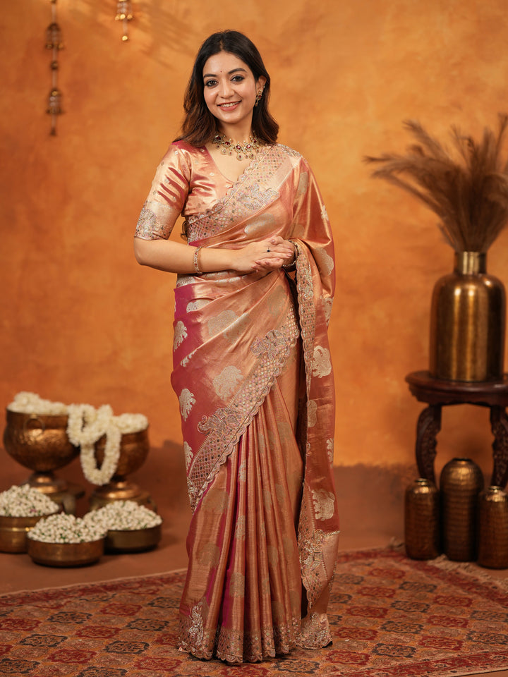 Peach Pink Tissue Silk Embroidered Saree with Zari Motifs & Designer Border | Heavy Embroidered Blouse with Tassels | Wedding & Festive Wear Saree