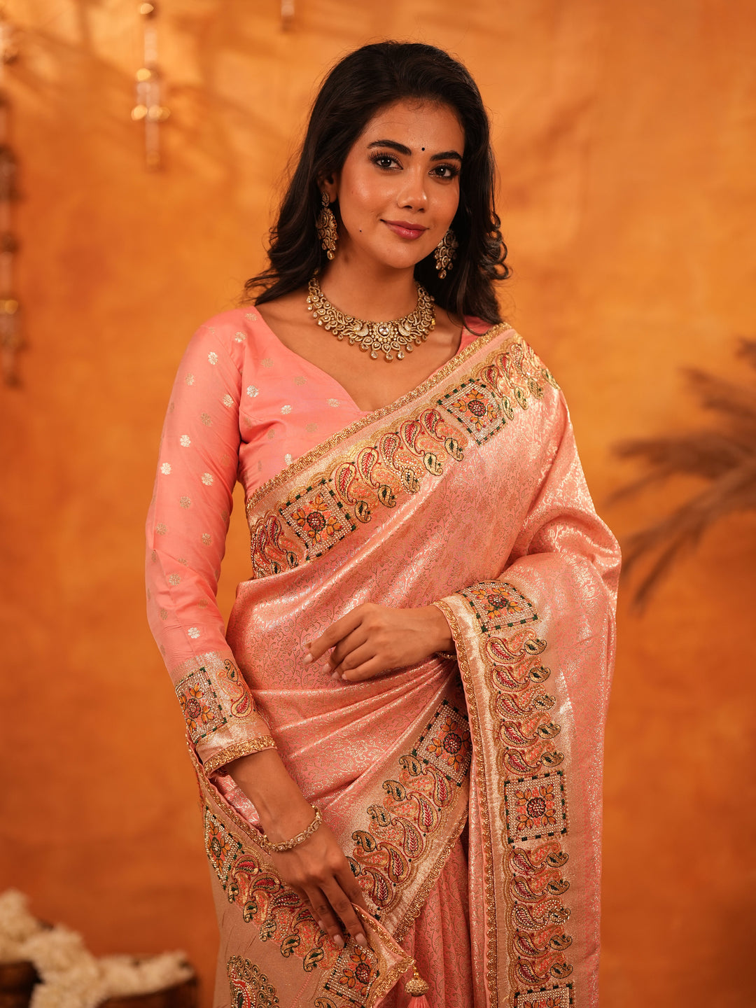 Peach Pink Banarasi Silk Saree with All-Over Zari Weaving & Rich Embroidered Border | Designer Festive & Wedding Wear Saree with Blouse