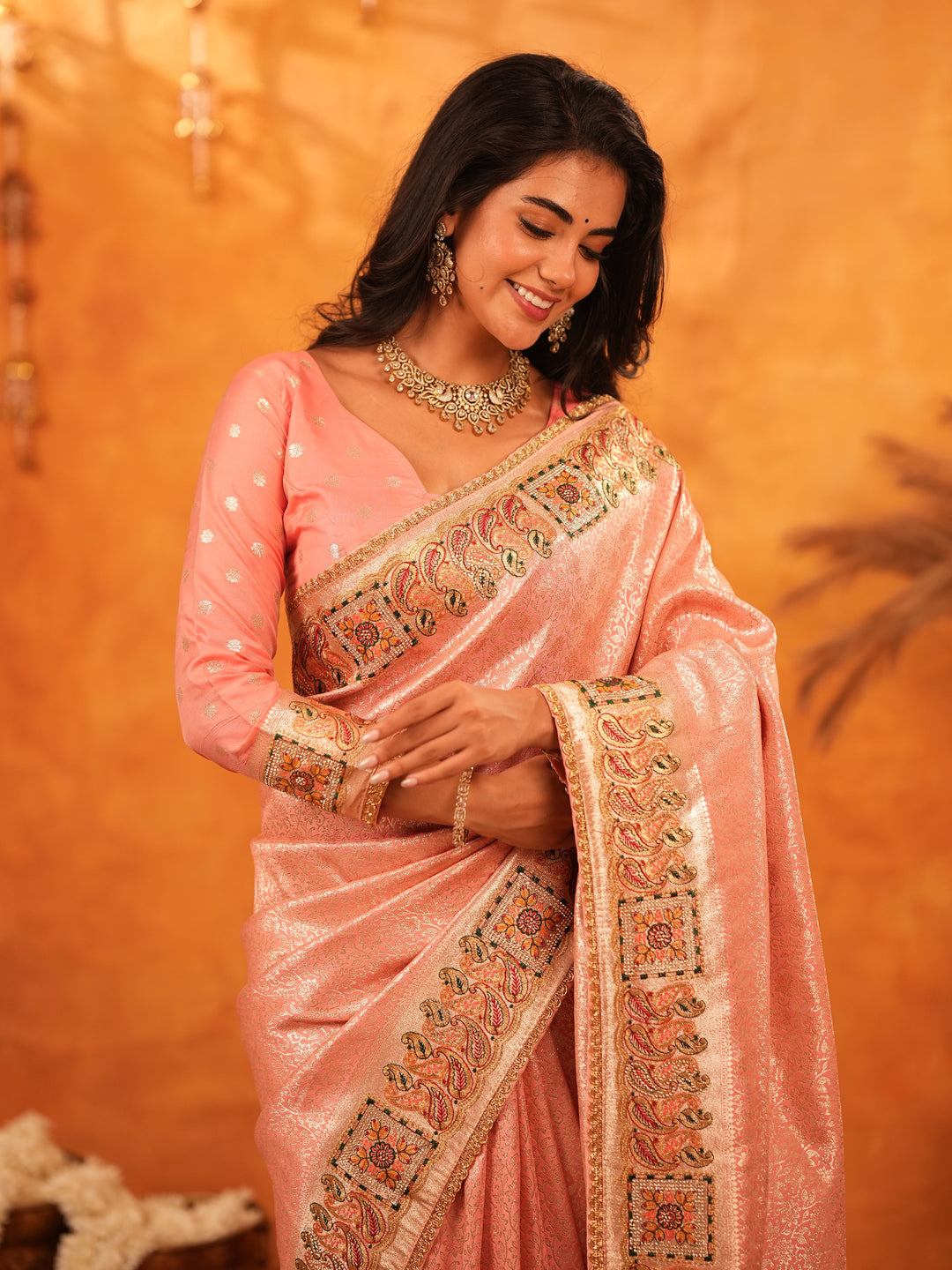 Peach Pink Banarasi Silk Saree with All-Over Zari Weaving & Rich Embroidered Border | Designer Festive & Wedding Wear Saree with Blouse