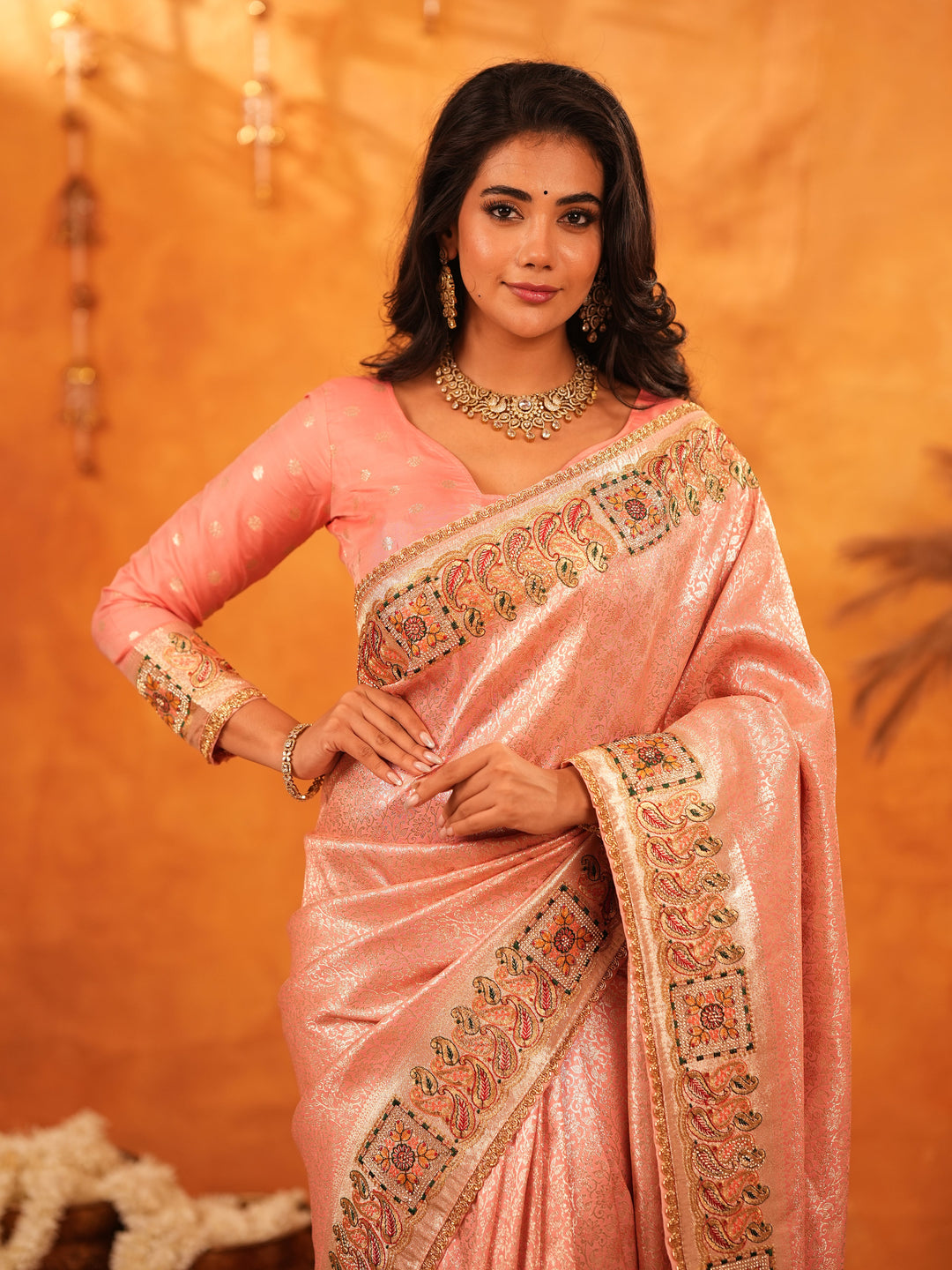 Peach Pink Banarasi Silk Saree with All-Over Zari Weaving & Rich Embroidered Border | Designer Festive & Wedding Wear Saree with Blouse