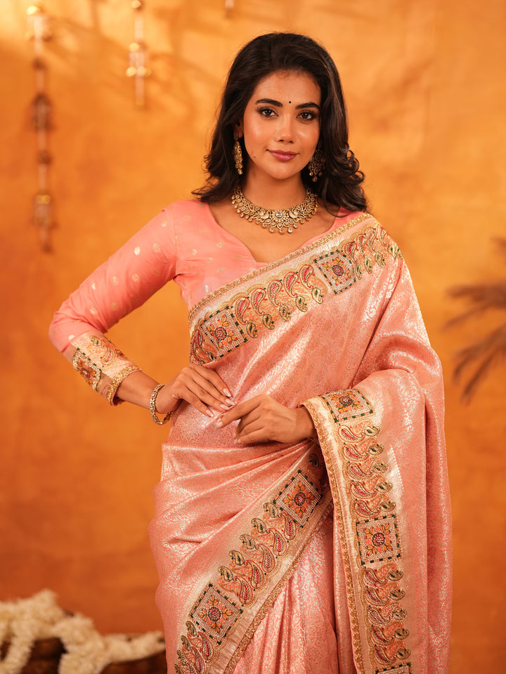 Peach Pink Banarasi Silk Saree with All-Over Zari Weaving & Rich Embroidered Border | Designer Festive & Wedding Wear Saree with Blouse
